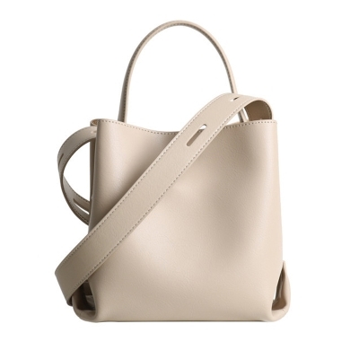 Women's Grey Leather Classic Bucket Handbag Large Size