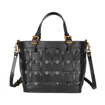 Black Woven Vegan Leather Shopper Bag Large Handbag Soft Purse for Work