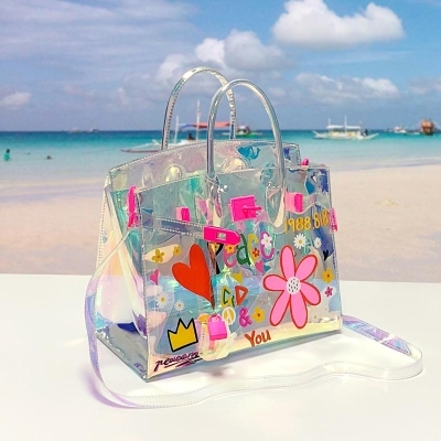 Large Hot Pink Lock Holographic PVC Satchel Handbags Clear Bags