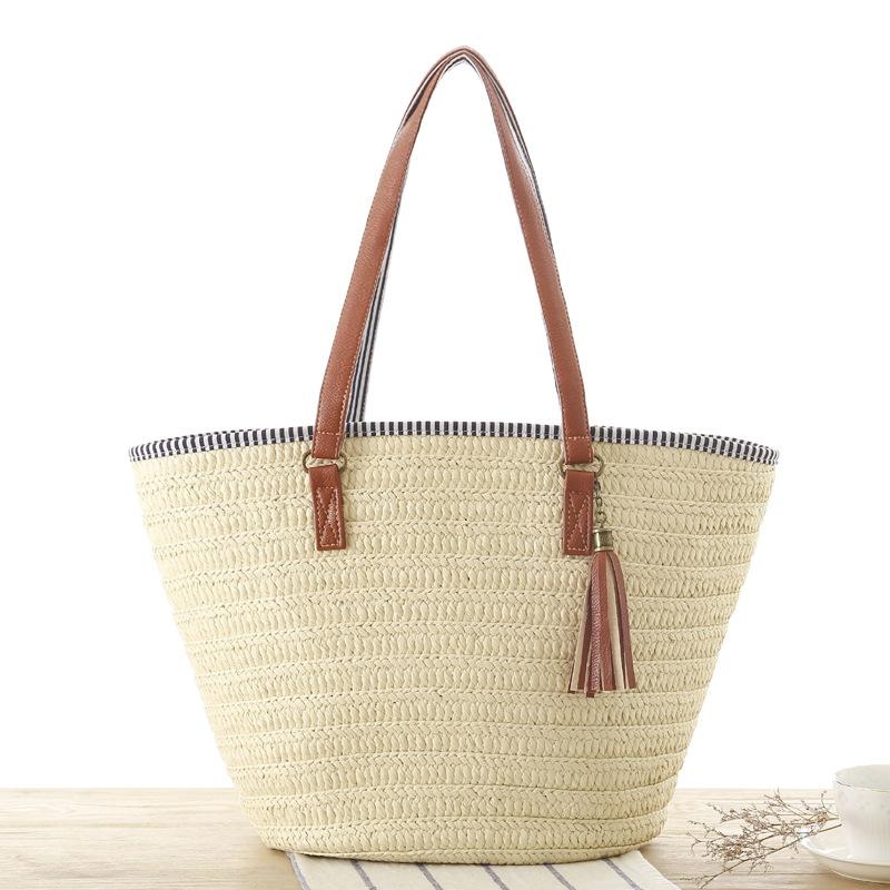 Straw Beach Bag Summer Woven Tote Bag with Tassels Large Shoulder