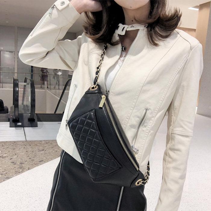 BAGINNING Women Chain Strap Cross-body Bags Genuine Leather Waist Bag with Zipper Closure for Daily (Black)