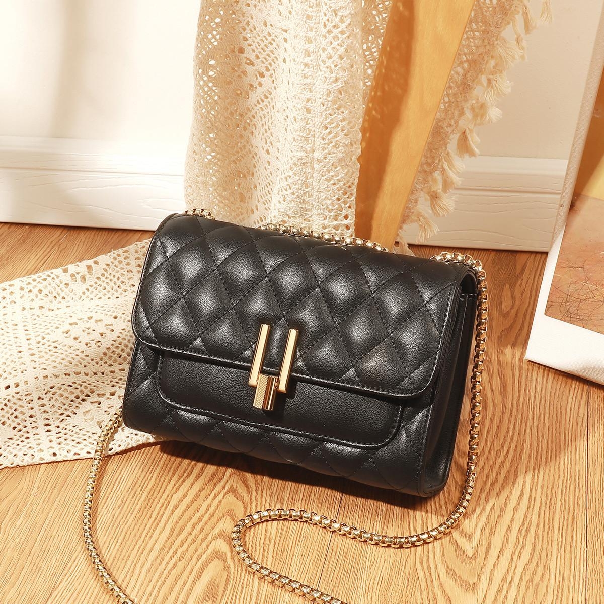 Front Flap Women's Black Crossbody Bag Leather with Gold Chain Leather Strap