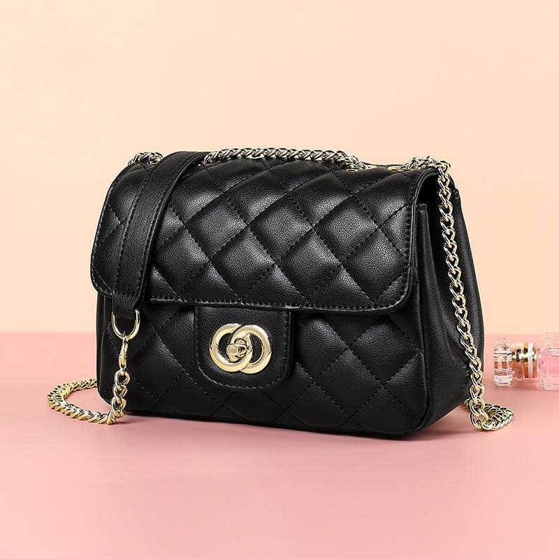 Black Flap Quilted Work Bag Leather Shoulder Bags with Chain Strap