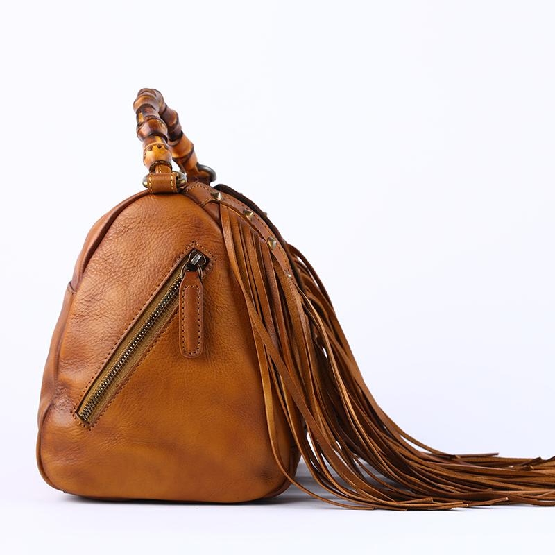 Green Leather Fringe Bag Bamboo Handle Shoulder Vintage Handbags