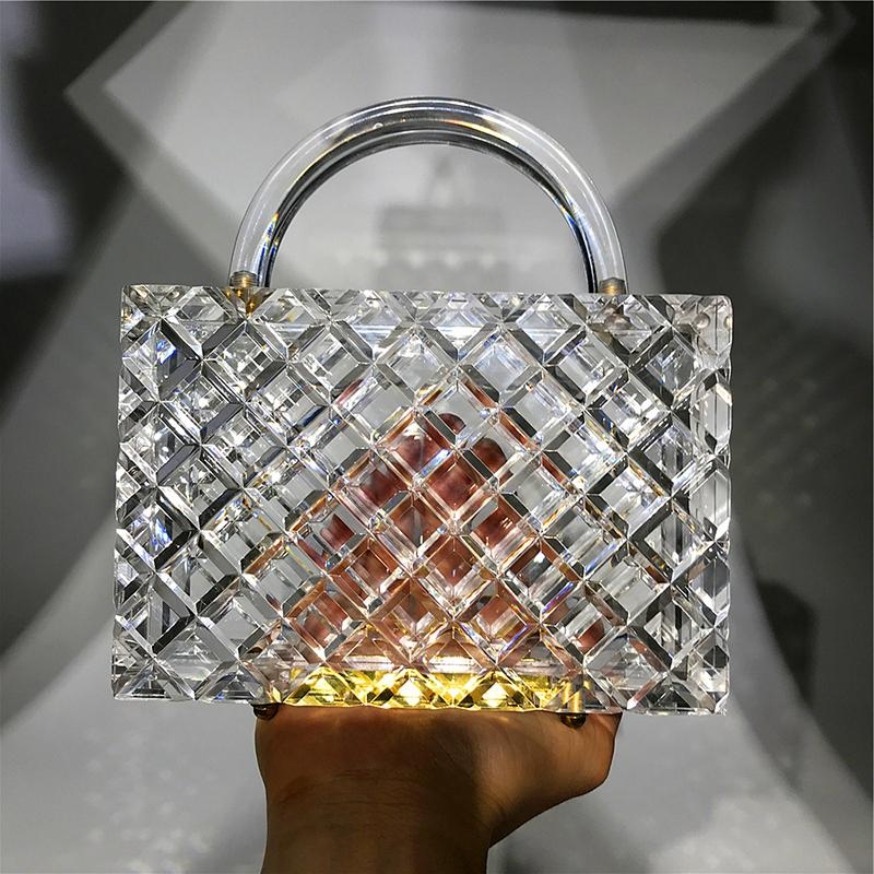 Acrylic Clear Quilted Top Handle Clutch Bag with Transparent Chain