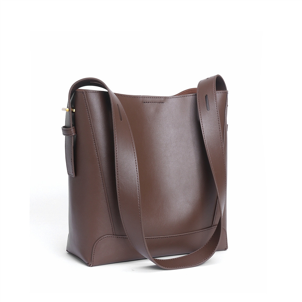 Coffee Genuine Leather Bucket Bag Wide Strap Crossbody Handbags