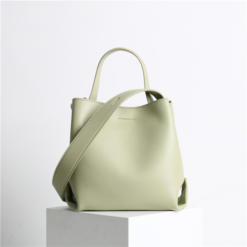 Green Genuine Leather Top Handle Minimalist Bucket Bag With Wide