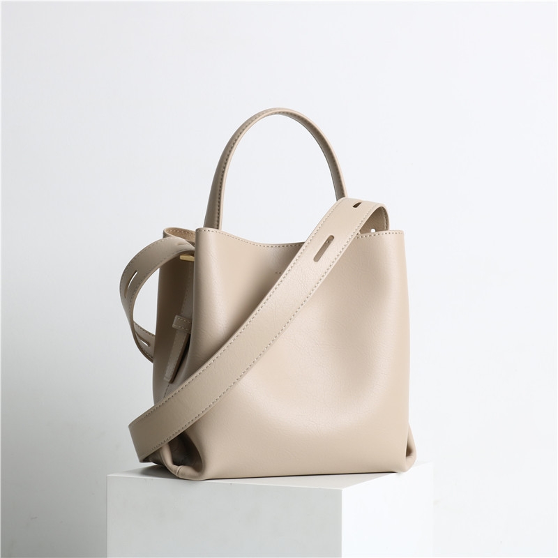 Apricot Genuine Leather Top Handle Minimalist Bucket Bag With Wide ...