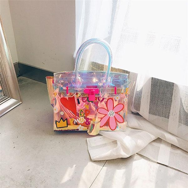 Neon Pink Letter Print Clear Shoulder Tote Bag With Inner Pouch
