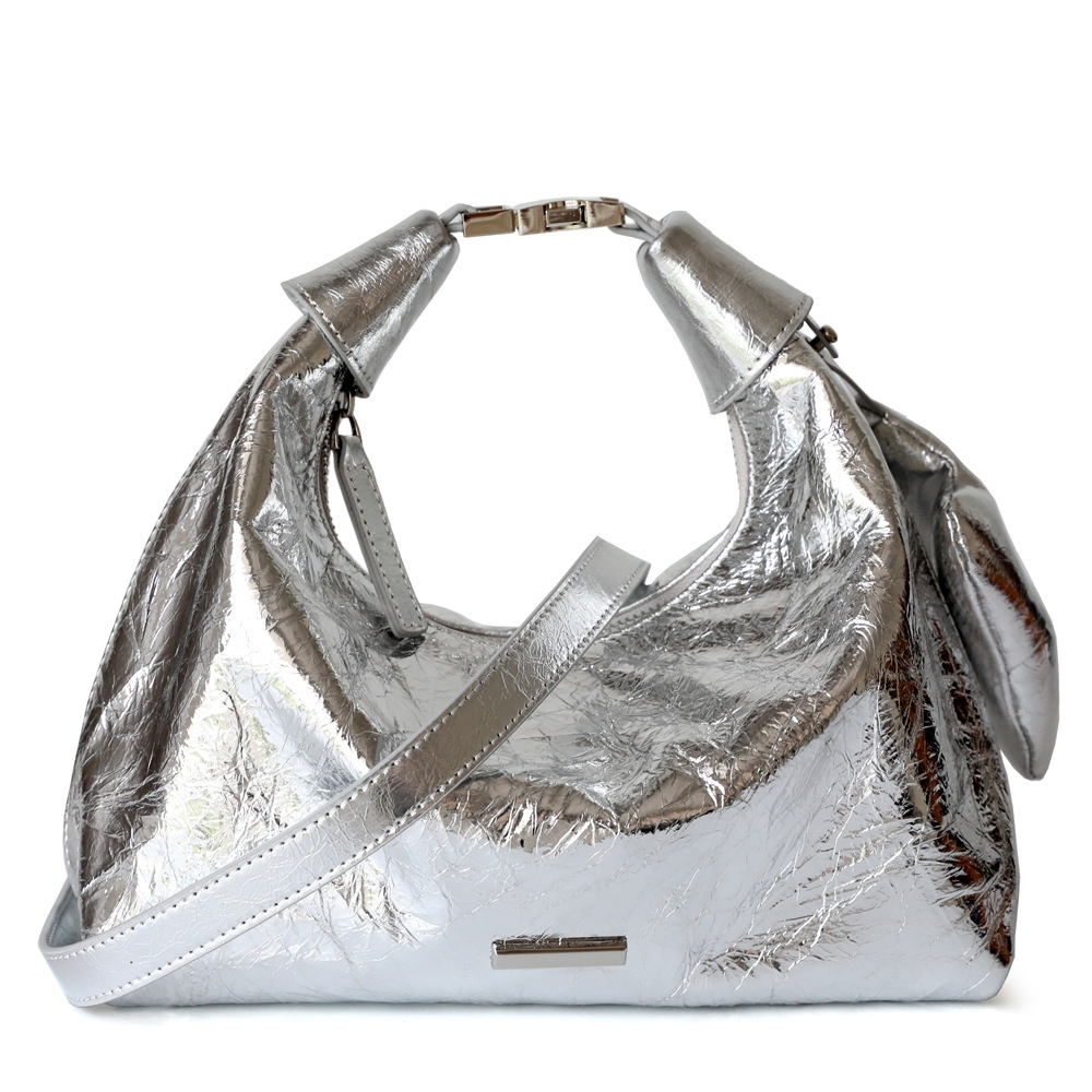 Silver Leather Plisse Hobo Bag