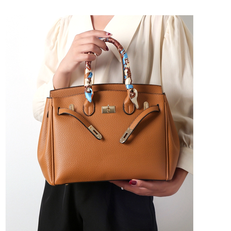 Light Brown Vegan Leather Handbags Scarves Double Top Handle Satchel Bag