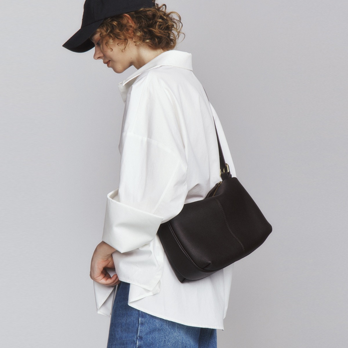 Black Togo Leather Shoulder Zipper Square Bags Hobo Bag