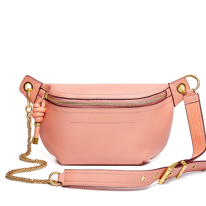 BAGINNING Pink Genuine Leather Zipper Fanny Pack Chain Strap Belt Bags