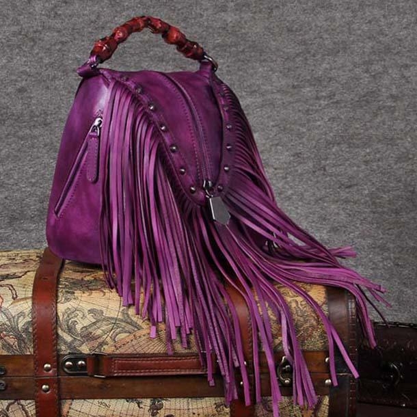 Purple Leather Fringe Bag Shoulder Vintage Handbags with Bamboo