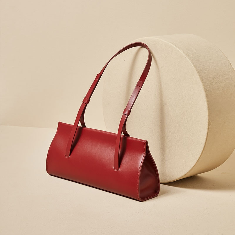 Women's Red Leather Square Baguette Shoulder Bag