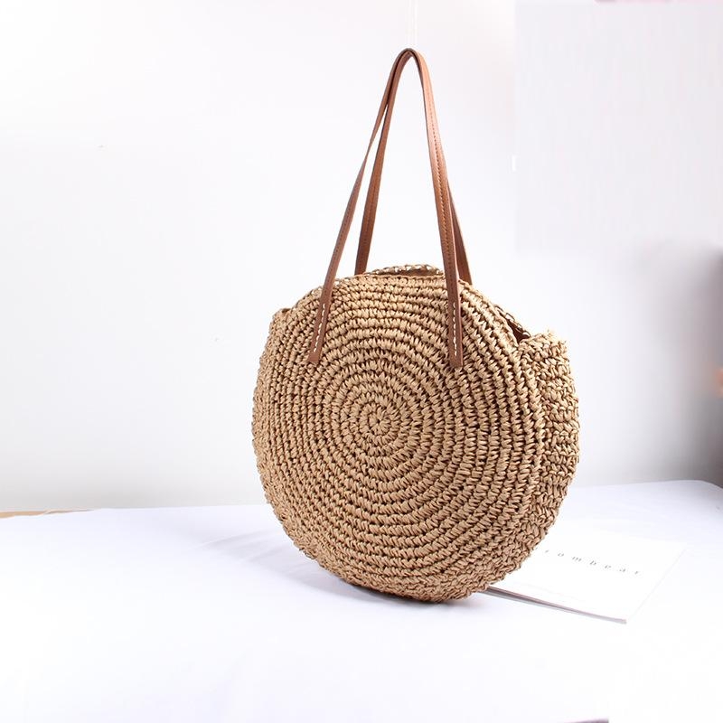Mini Khaki Round Woven Beach Straw Bag for Ladies