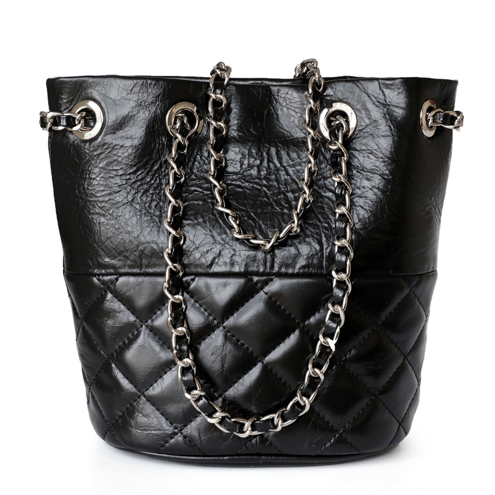 Black Soft Leather Bucket Bag with Crossbody Chain Purse For