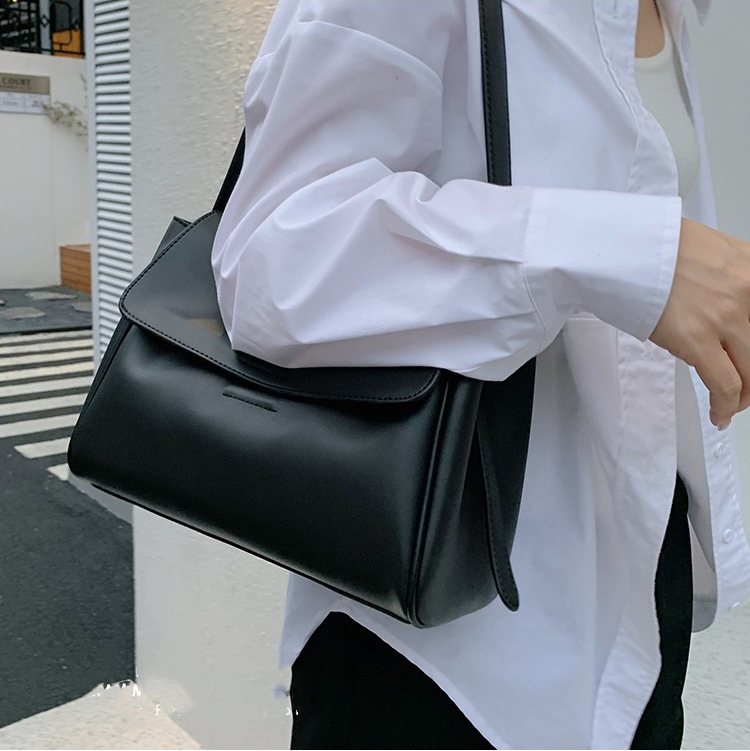 Shoulder Leather Bag Women, Black Leather Flap Handbag