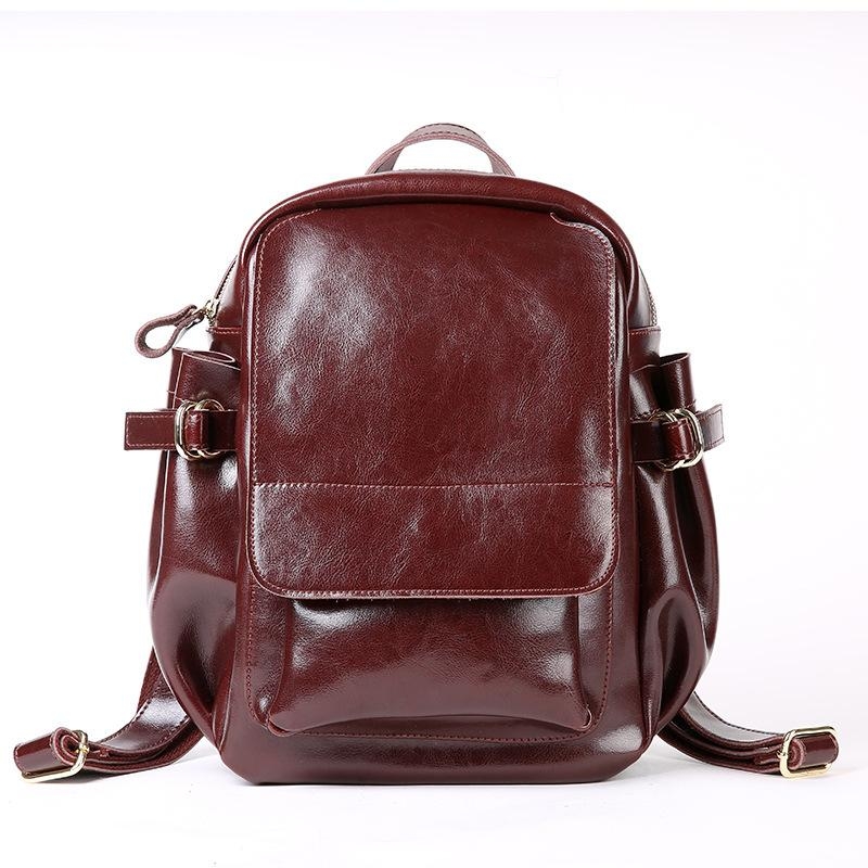 Maroon Long Flap Leather Backpack Retro College Style School Backpacks ...