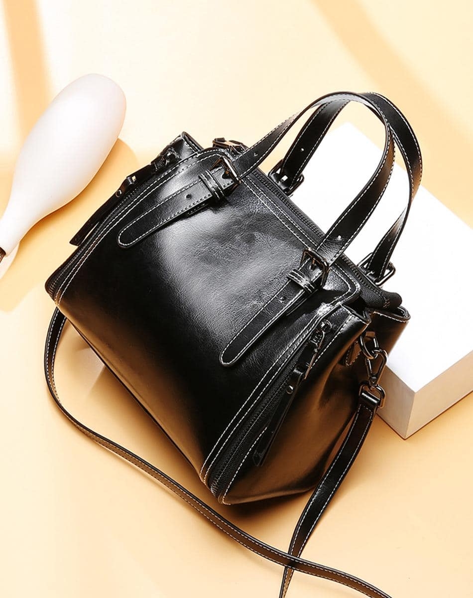 Tan Retro Double Zipper Shoulder Leather Handbags | Baginning