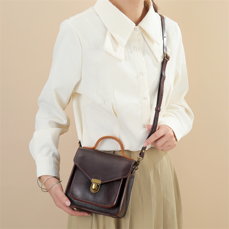 Coffee Genuine Leather Round Handle Vintage Crossbody Embossed Bag