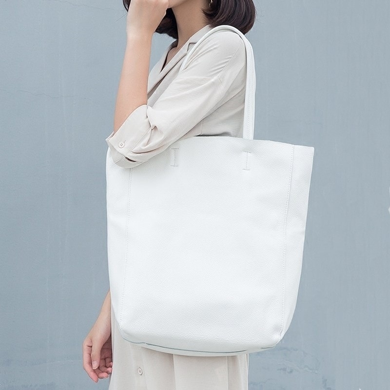 White Vertical Genuine Leather Tote Bag Shoulder Shopper Bags | Baginning