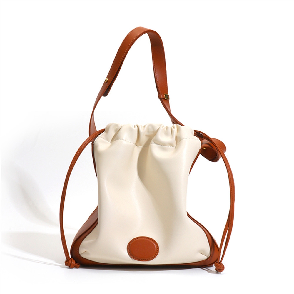 White Leather Tote Bag Color Block Drawstring Bucket Handbags | Baginning