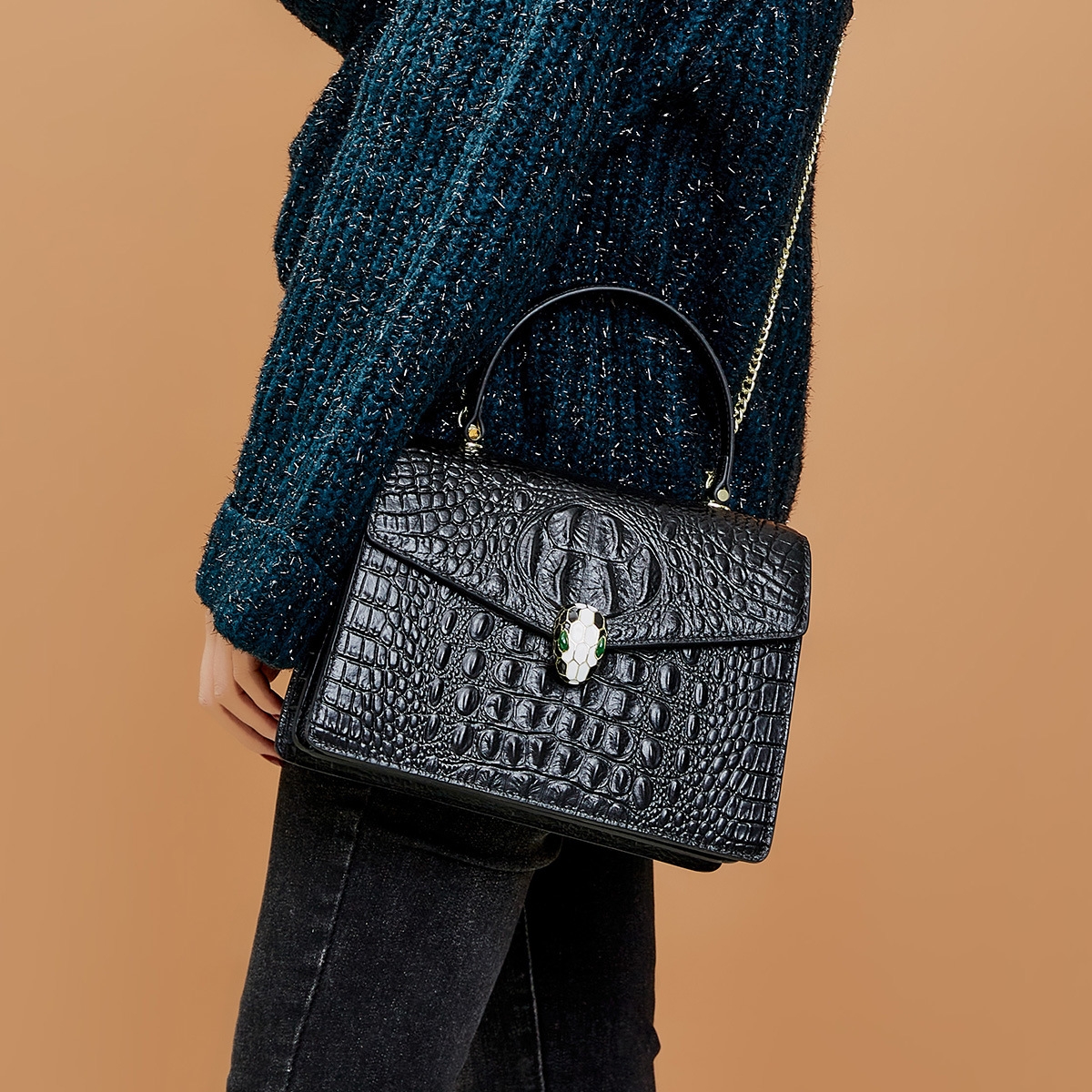 women s black croc printed leather snake s head lock satchel handbags 15
