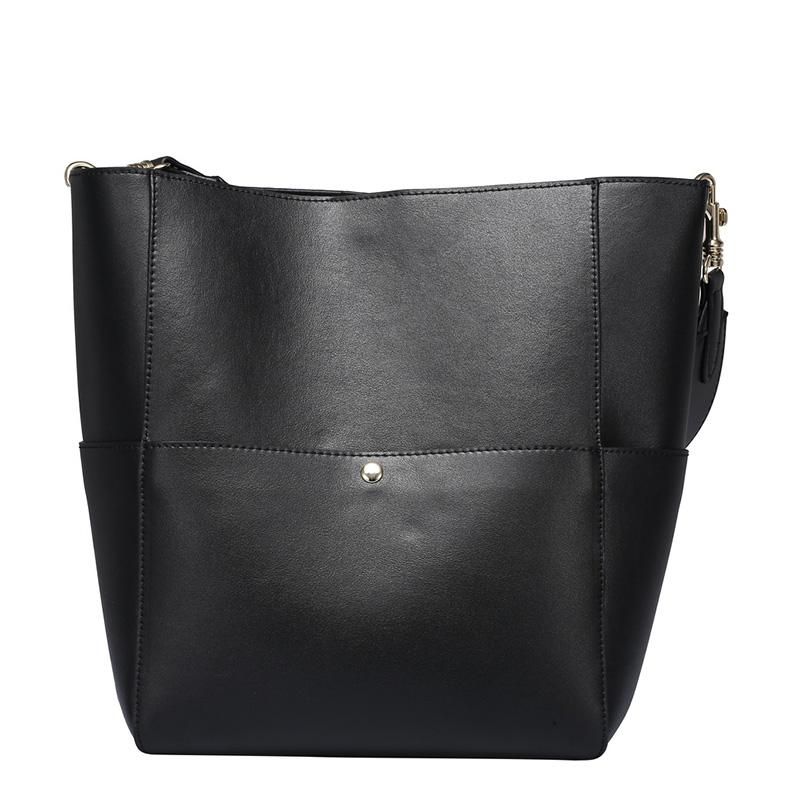Women's Black Genuine Leather Shoulder Bucket Bag with Wide Strap ...