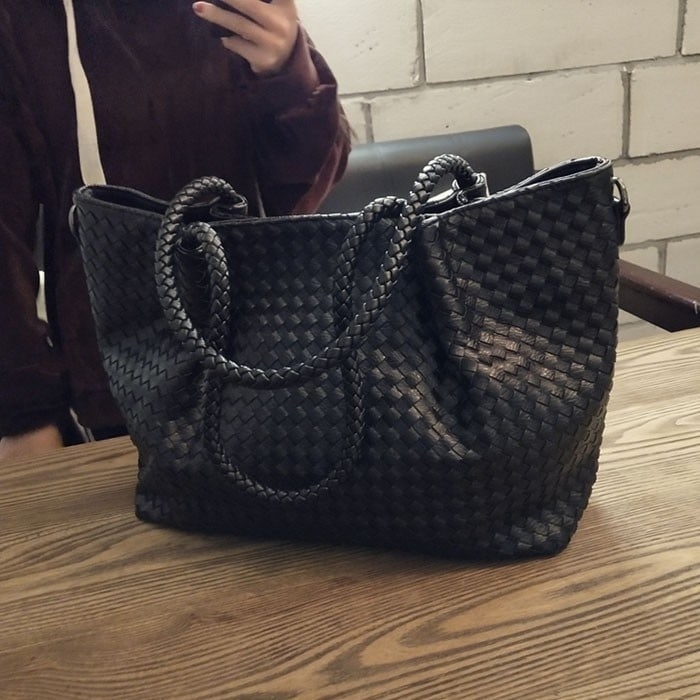 Women's Black Large Woven Vegan Leather Tote Bag Trendy Simply Handbag ...