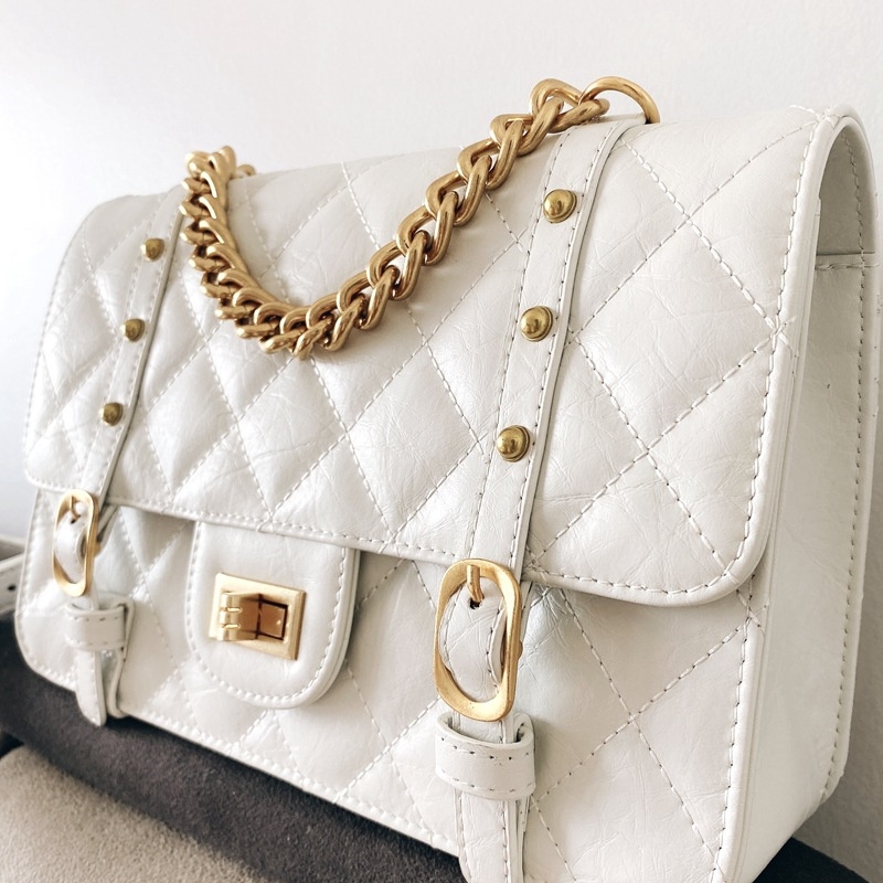 Women's White Leather Big Size Chain Shoulder Quilted Bags