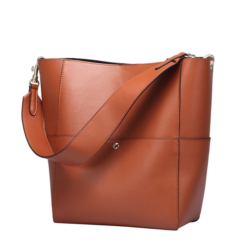 Brown Genuine Leather Top Handle Minimalist Bucket Bag with Wide Strap