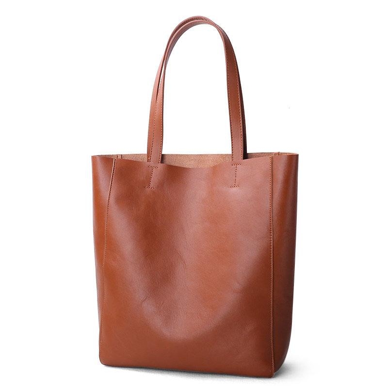 Women's Brown Vertical Genuine Leather Tote Bag Shoulder Shopper Bags ...