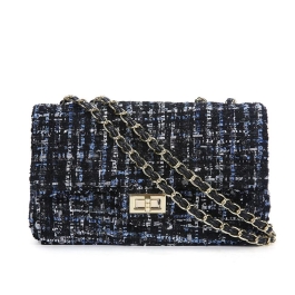 Navy Tweed Flap Square Handbags Shoulder Chain Bag | Baginning