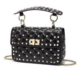 Black Rockstud Leather Quilted Handbags Foldover Crossbody Chain Bags ...