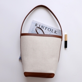 Leather-trimmed Canvas Bucket Bag