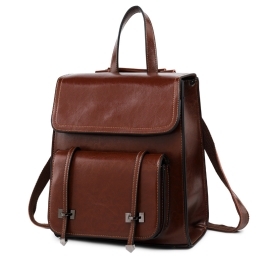 Coffee Genuine Leather Vintage Flap Backpack for College | Baginning