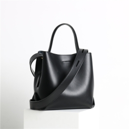 Black Genuine Leather Top Handle Minimalist Bucket Bag With Wide Strap ...