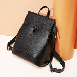 Women's Chic Black Flap Litchi Grain Leather Backpack with Top Handle ...