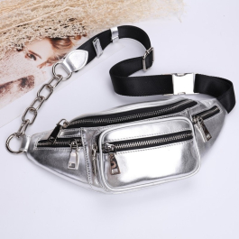 BAGINNING Pink Genuine Leather Zipper Fanny Pack Chain Strap Belt Bags