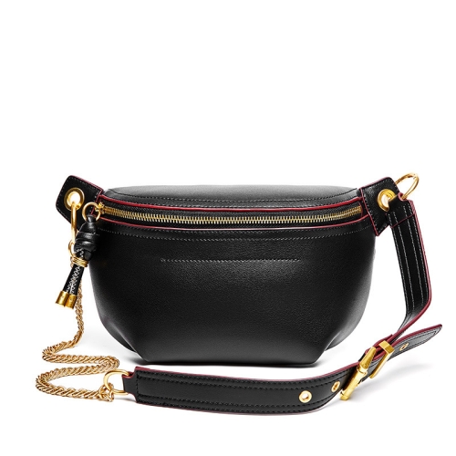 Black Genuine Leather Zipper Fanny Pack Chain Strap Belt Bags