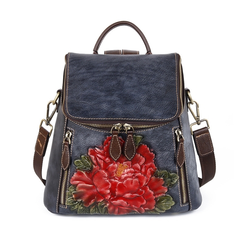 Black Flower Embossed Leather Backpackahs Flap Top Handle Woman's Backpack