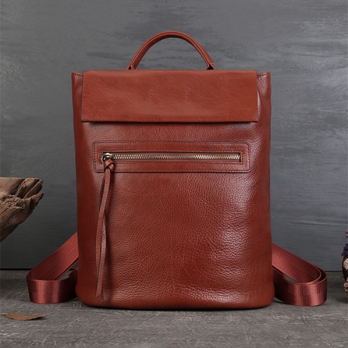 Brown Full Grain Leather Vintage Backpacks Flap Zipper Backpack For Women