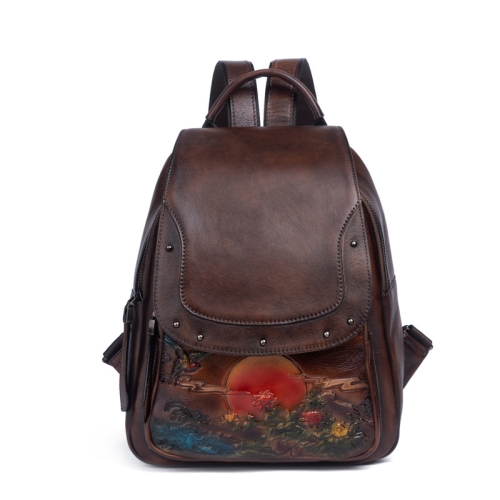 Coffe Genuine Leather Embossed Backpacks Vintage Woman's Flap Backpack