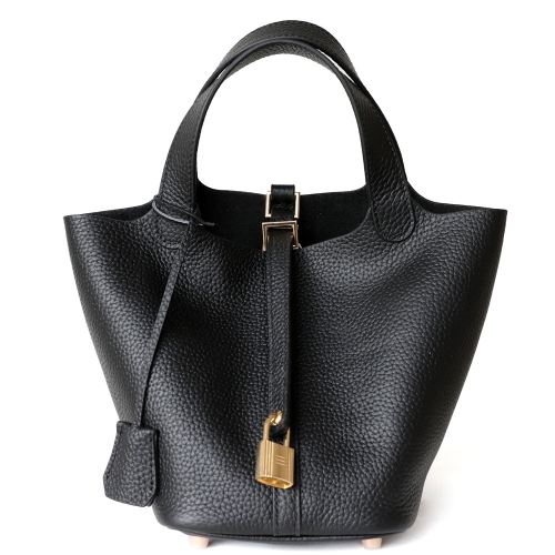 Black Genuine Leather Litchi Grain Buckle Bag with Top Handle & Inner Pouch