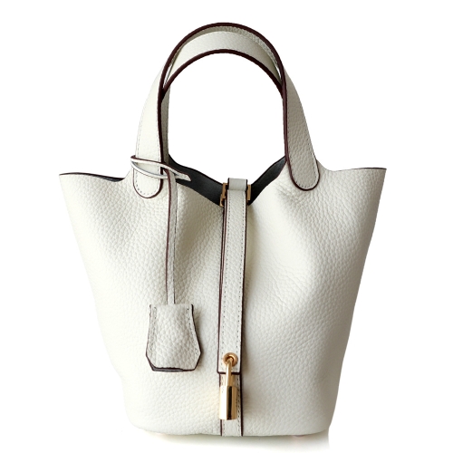 White Genuine Leather Litchi Grain Buckle Bag with Top Handle & Inner Pouch