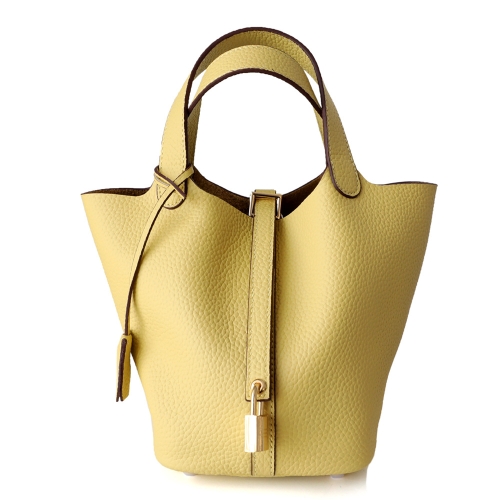 Yellow Genuine Leather Litchi Grain Buckle Bag with Top Handle & Inner Pouch