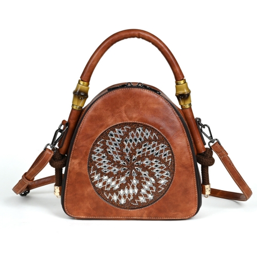 Brown Genuine Leather Rhinestones Top Handle Vintage Crossbody Handbags