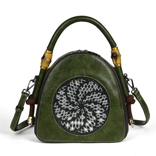 Green Genuine Leather Rhinestones Top Handle Vintage Crossbody Handbags