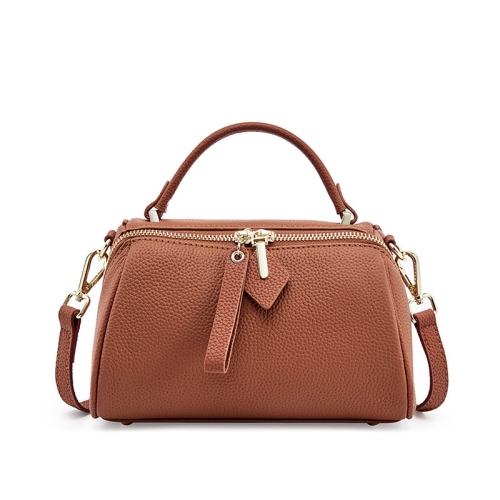 Brown Litchi Grain Leather Boston Bag Top Handle Crossbody Handbags